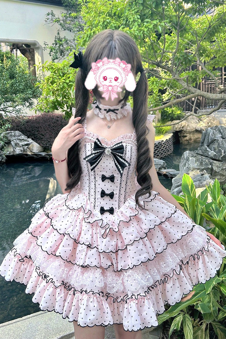 Pink Sleeveless Multi-Layered Polka Dots Printed Ruffled Bow Sweet Princess (Dress Only) detail view 5