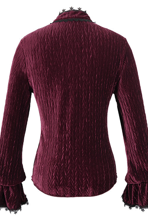 Red Pleated Velvet Trumpet Sleeves Womens Gothic Blouse - Product - 6