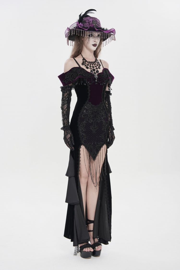 Black/Purple Off Shoulder Sleeveless Embroidered Lace Slim Women's Gothic Gorgeous Strapless Dress - Product - 4