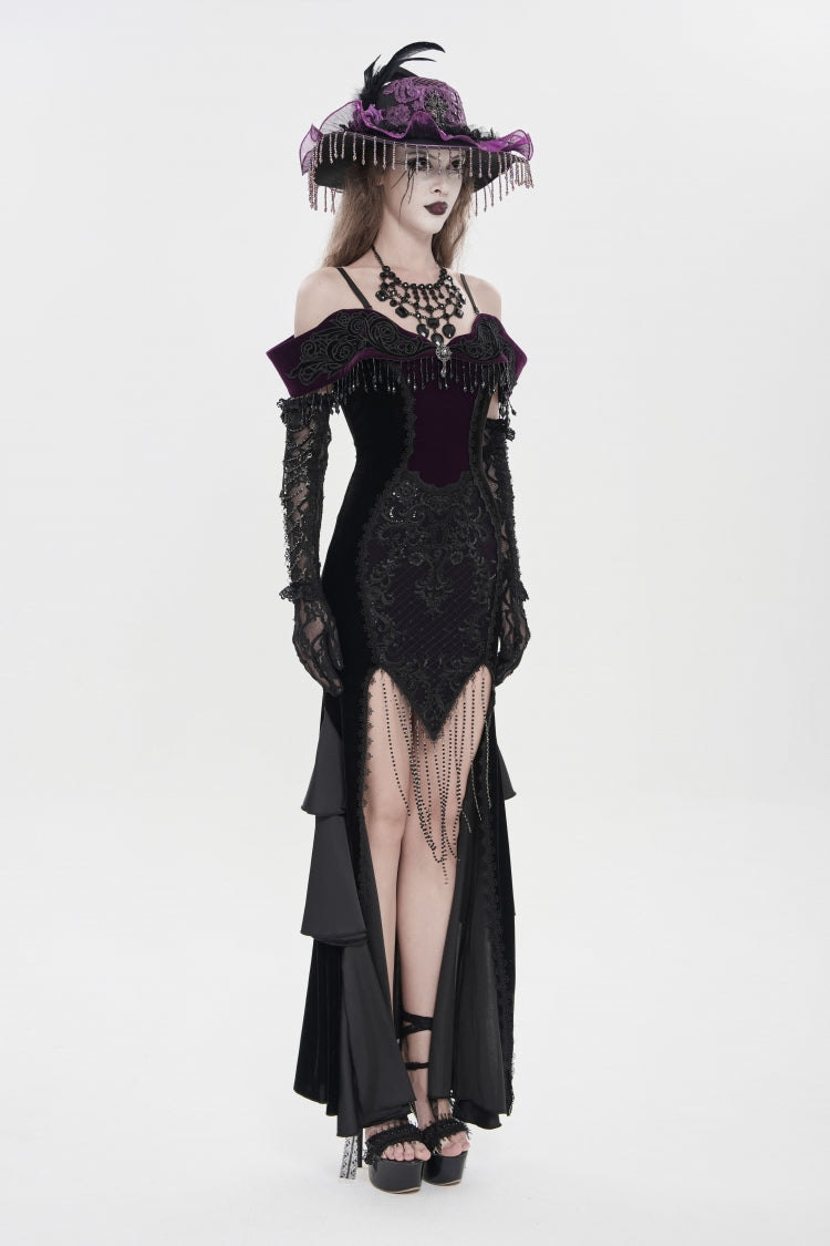 Black/Purple Off Shoulder Sleeveless Embroidered Lace Slim Women's Gothic Gorgeous Strapless Dress - Product - 4