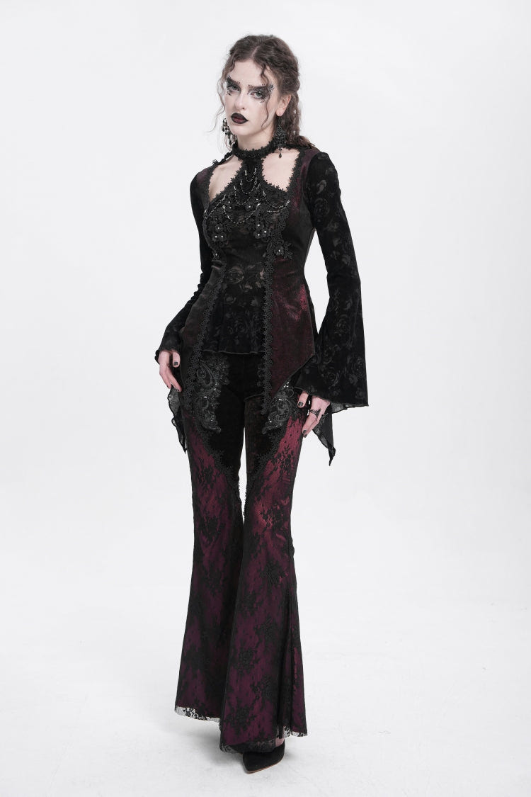Red Long Trumpet Sleeves Jacquard Cutout Women's Gothic Blouse - Product - 10