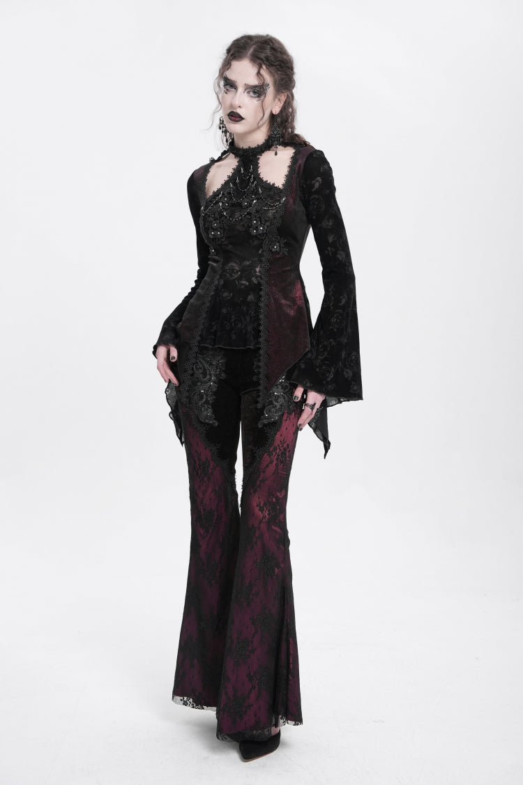 Red Long Trumpet Sleeves Jacquard Cutout Women's Gothic Blouse - Product - 10