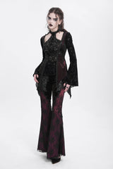 Red Long Trumpet Sleeves Jacquard Cutout Women's Gothic Blouse - Product - 10