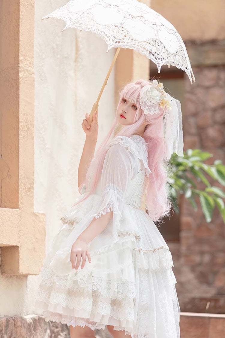 Multi-layer Sleeveless Undine's Tears Print Ruffle Hanayome Bowknot Sweet Lolita Jsk Dress 2 Colors - Product - 9