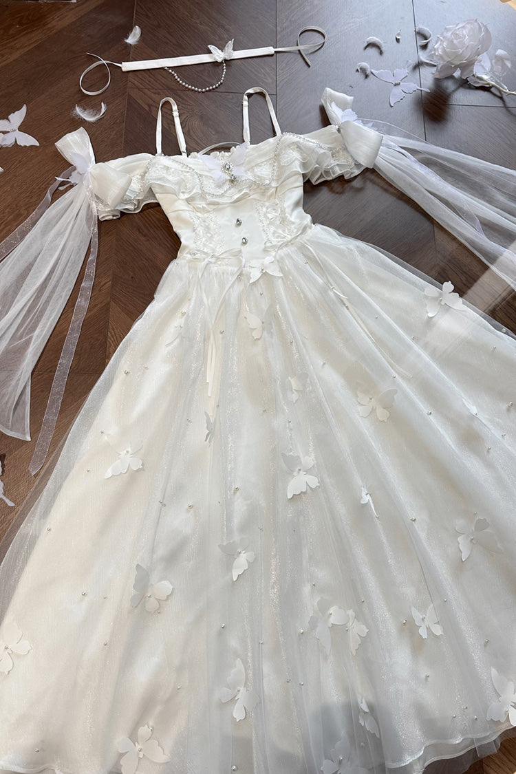 White [Summer Wind Chimes] 3D Butterfly Decoration Bowknot Sweet Lolita Jsk Dress - Product - 7