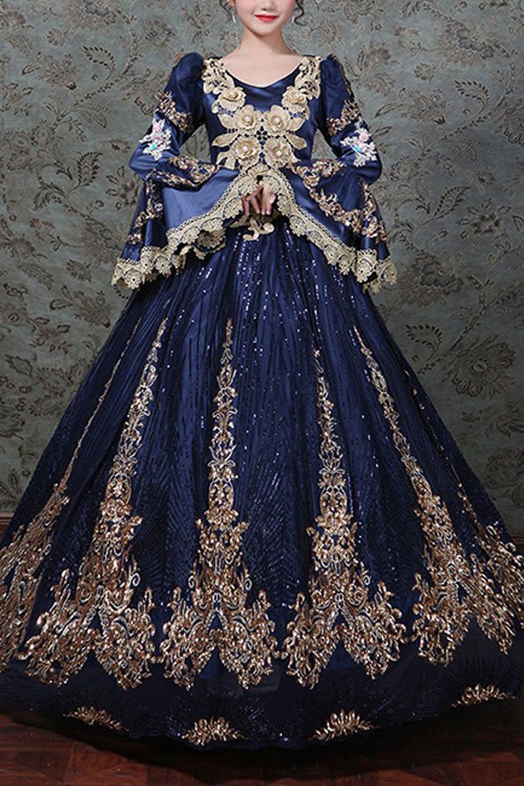 Hime Sleeves High Waisted Three Dimensional Hollow Embroidery Floral Print Ruffled Multi-Layer Victorian Lolita Prom Dress - Blue - 1