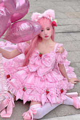 Pink Strawberry Magic Girl Party Theme Cute Sweet Princess Lolita Strapless Dress - Product - 11
