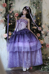 Purple [Lily of the Valley in Falling Snow] Sleeveless Triple-Layered Ruffled Bow Lace-Up Sweet Elegant Lolita Skirt Dress Set - Product - 3