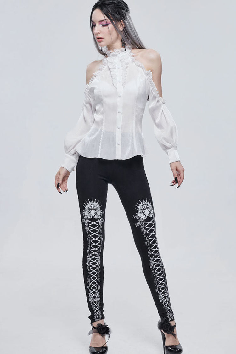 White Gothic Off-The-Shoulder Halter Lace Ruffled Lantern Sleeves Women's Shirt - Product - 7