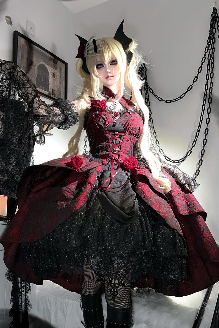 Red [Rose Dish] Ruffle Embroidery Cardigan Bowknot Lace-Up Gothic Lolita Jsk Dress - Product - 2