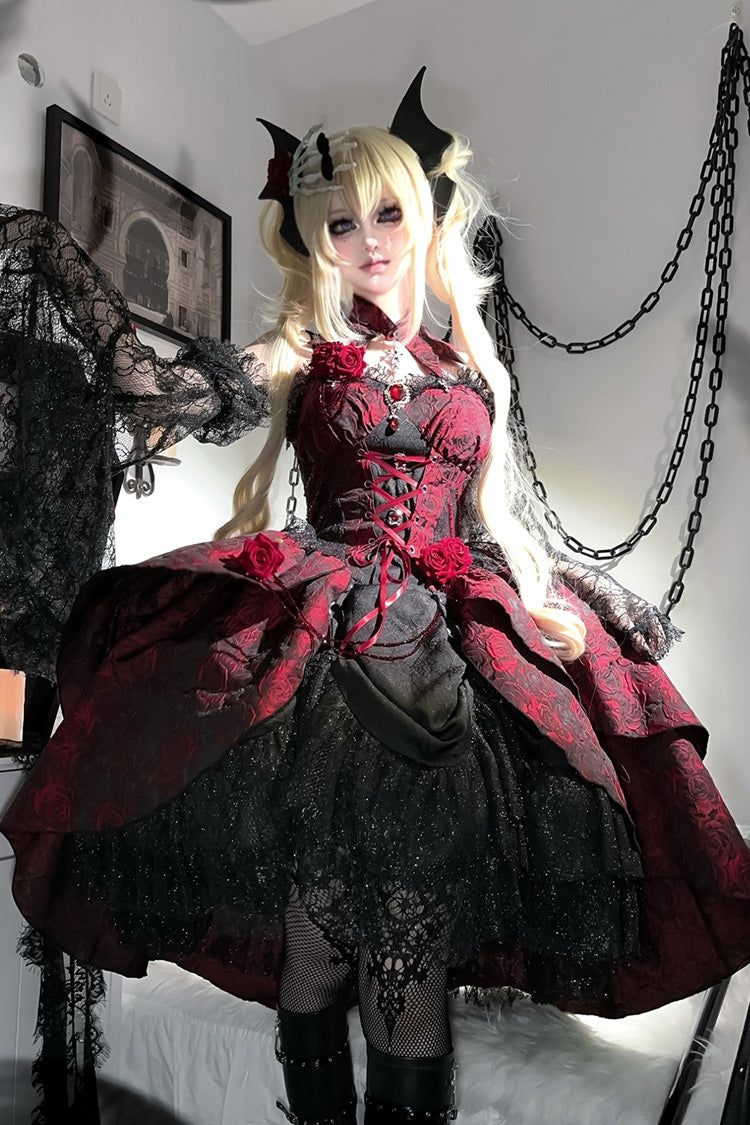 Red [Rose Dish] Ruffle Embroidery Cardigan Bowknot Lace-Up Gothic Lolita Jsk Dress - Product - 2