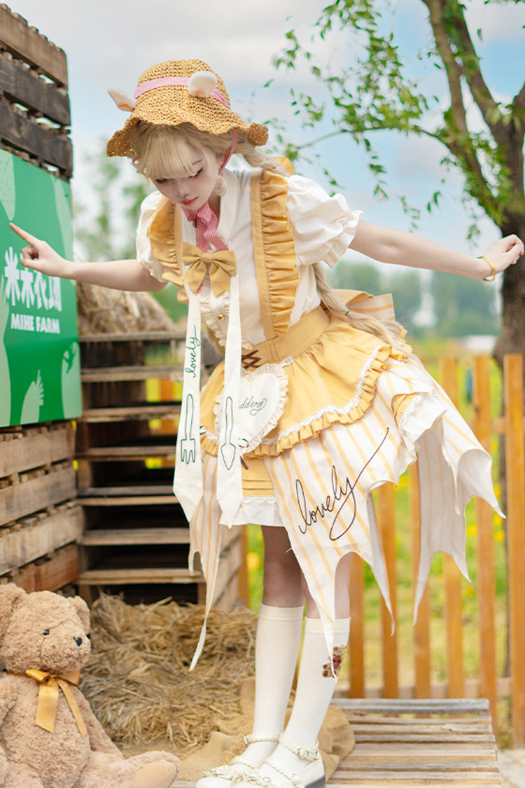 [Fruit Pudding] Vertical Lines Print Bowknot Irregular Sweet Lolita Dress 2 Colors - Product - 4