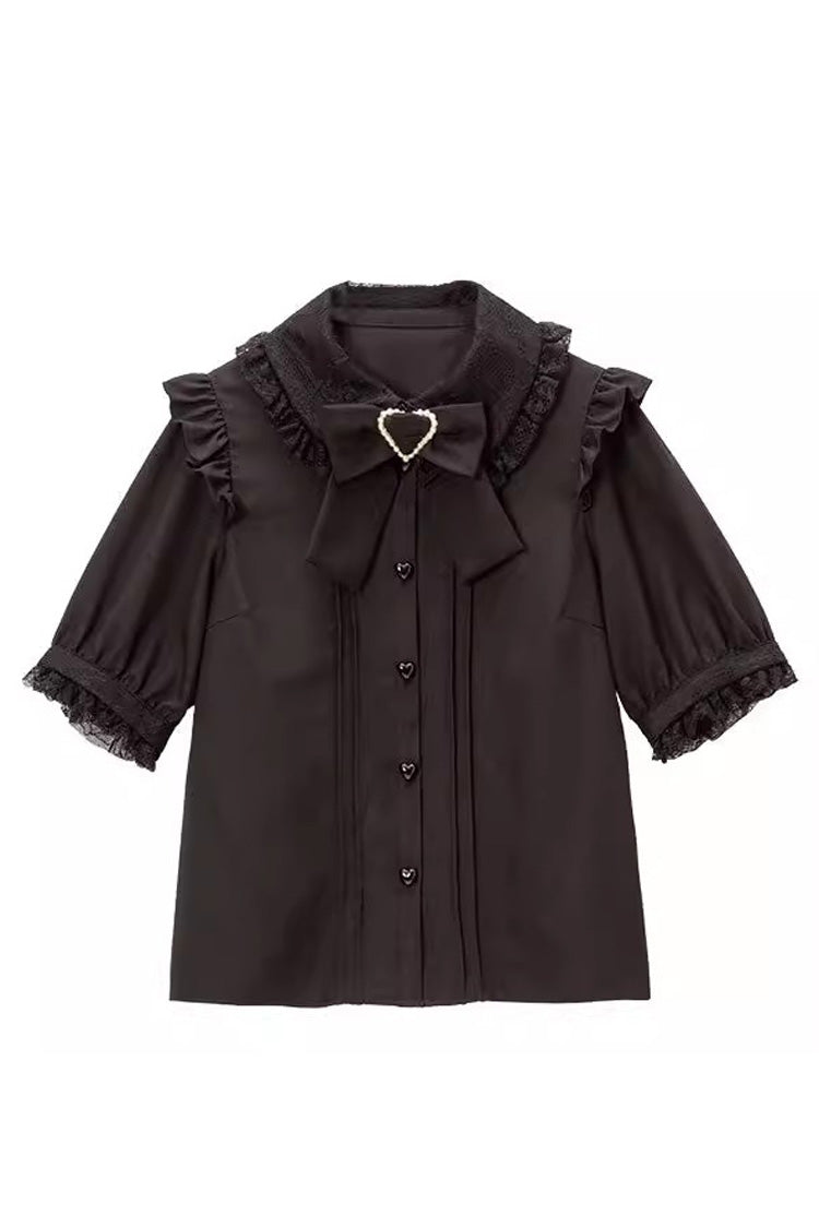 Doll Collar Short Sleeves Bowknot Sweet Jirai Kei Japanese Lolita Blouse 4 Colors - Black - 3