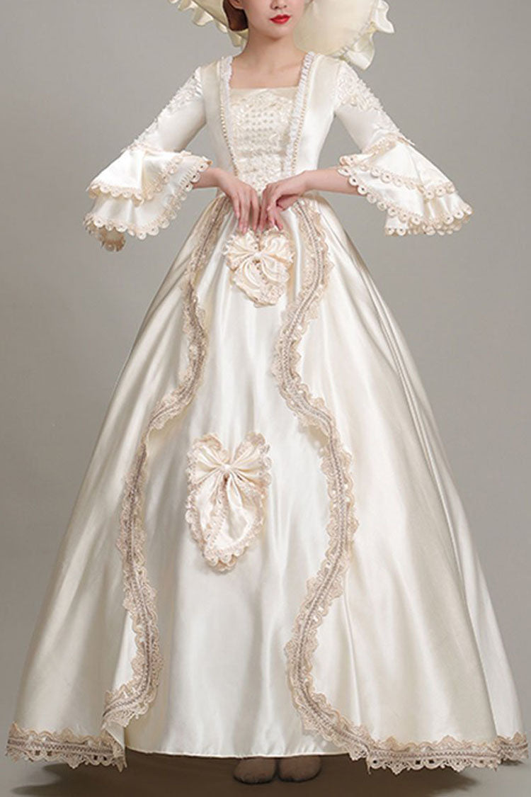 Champagne Multi-Layer Half Trumpet Sleeves High Waisted Bowknot Embroidery Floral Print Victorian Lolita Dress - Champagne - 1