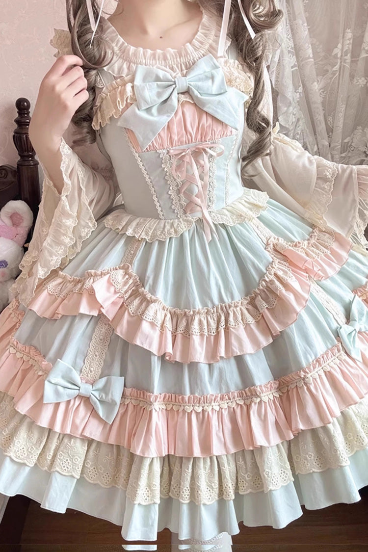 Blue/Pink Candy Sleeveless Multi-Layered Ruffle Bowknot Lace-Up Sweet Lolita Tiered Dress - Product - 2