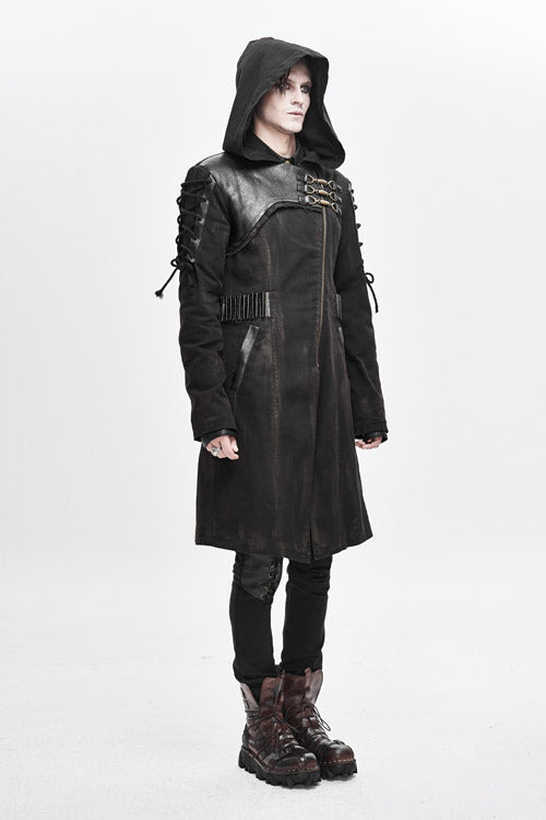 Brown Hooded Denim Tattered Long Mens Punk Coat - Product - 3