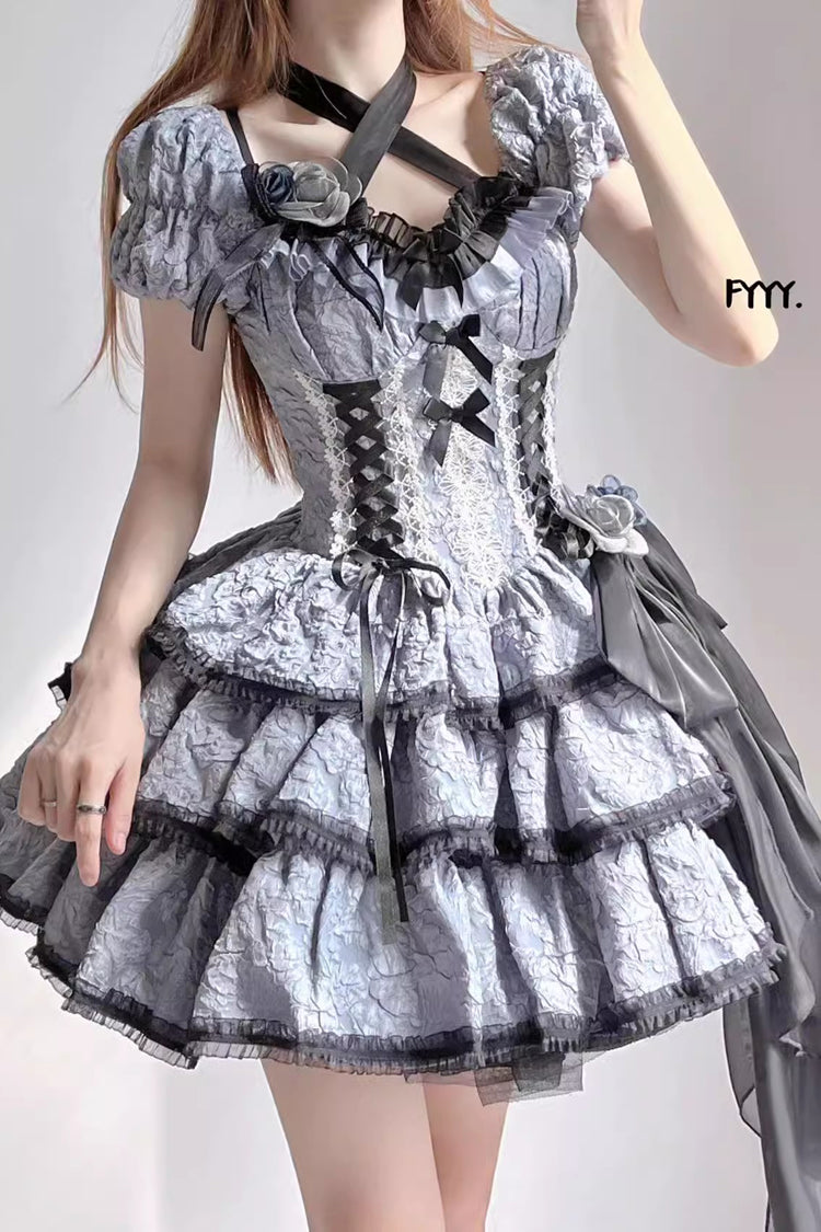 Black/Blue Medea Kiss Short Sleeves Gothic Lolita Op Tiered Dress - Product - 2