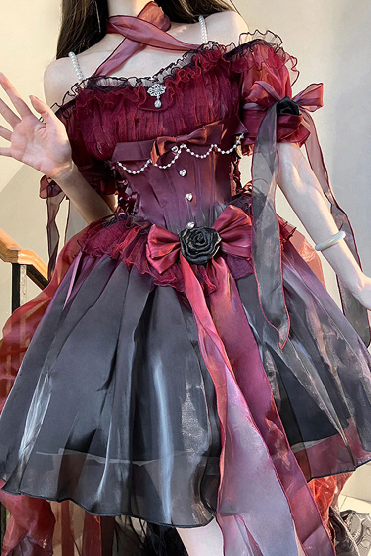 Wine Red Midsummer Dream Short Sleeves Ruffle Hanayome Off-The-Shoulder Gothic Short Lolita Dress - Red - 1
