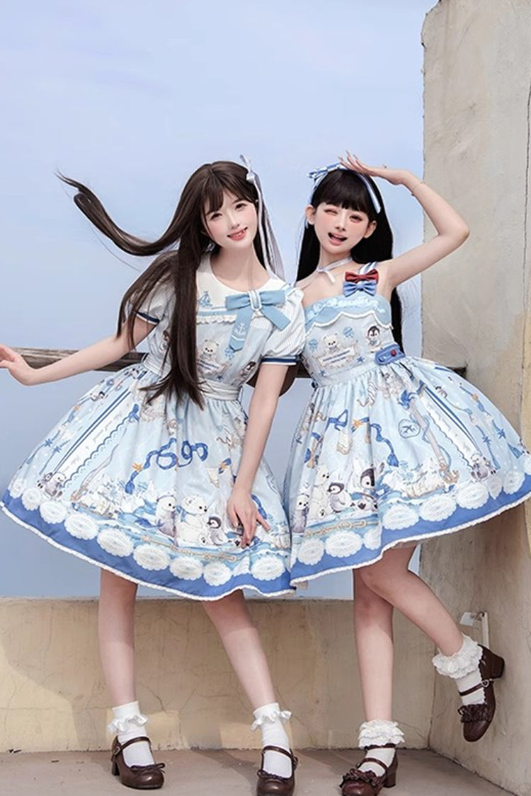 Blue [Penguin Navy] Print Ruffle Bowknot Sweet Princess Lolita Jsk Dress - Product - 8