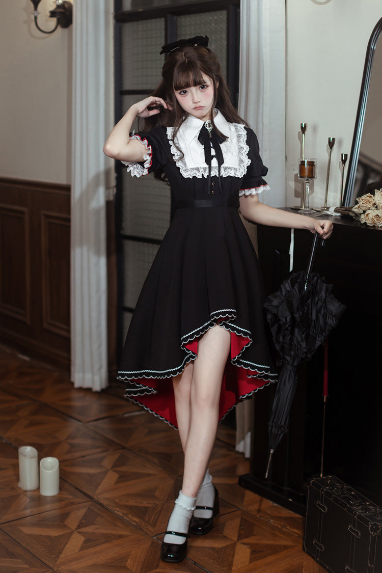 Black/White [Rosalind] Lapel Collar Short Sleeves Bow Lace Gothic Maid Lolita Dress - Black/White - 1