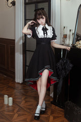Black/White [Rosalind] Lapel Collar Short Sleeves Bow Lace Gothic Maid Lolita Dress - Black/White - 1