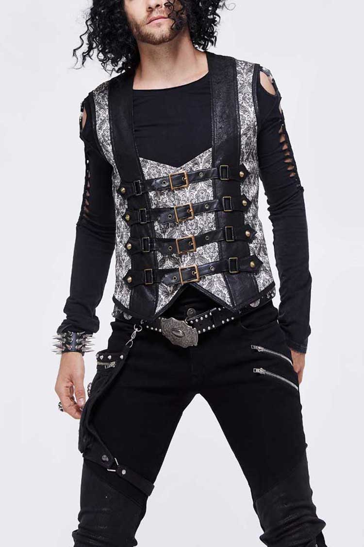 Silver Back Lace Up Jacquard Splice Chest Loop Men's Punk Waistcoat - Silver - 1