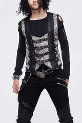 Silver Back Lace Up Jacquard Splice Chest Loop Men's Punk Waistcoat - Silver - 1