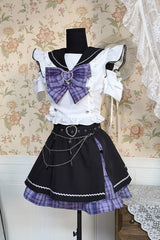 Black/White Short Sleeves Print Bowknot Sweet Jirai Kei Skirt Set - Black/White - 1