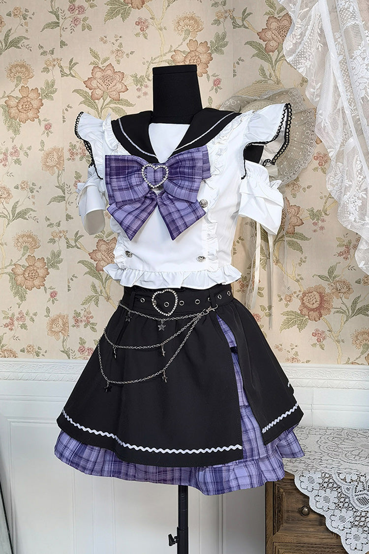 Black/White Short Sleeves Print Bowknot Sweet Jirai Kei Skirt Set - Black/White - 1