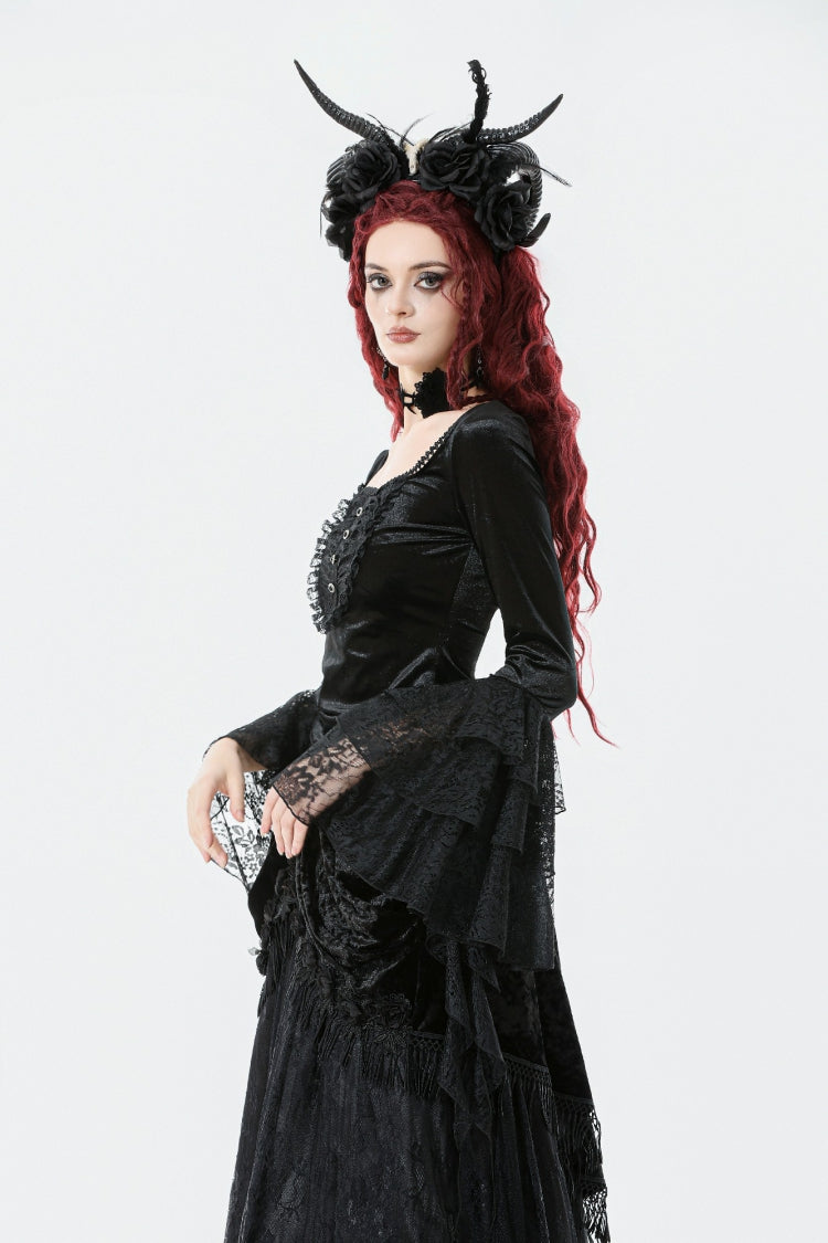 Black Square Collar Multi-Layered Lace Long Flared Sleeves Women's Gothic Palace Velvet Top - Product - 7