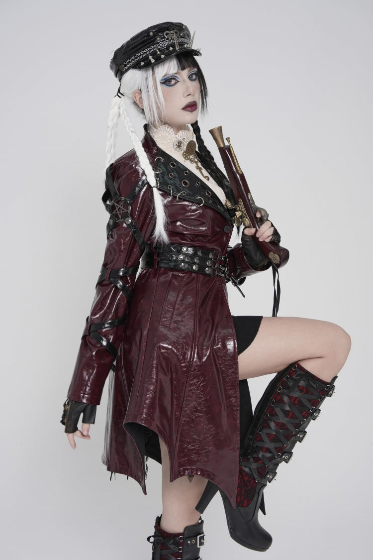 Red Lapel Collar Long Sleeves Lace-Up Irregular Eyelets & Rings Women's Punk Coat - Product - 8