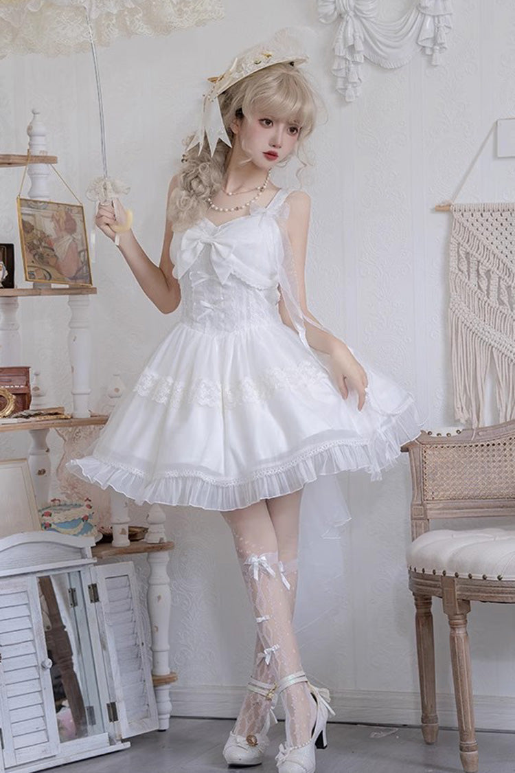 White [Bright Moonlight] Sleeveless Ruffle Bowknot Lace Lace-Up Sweet Elegant Lolita Jsk Dress - Product - 4