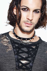 Black Long Sleeves Broken Holes Chest Lace Up Loop Cuff Men's Punk Shirt - Product - 6