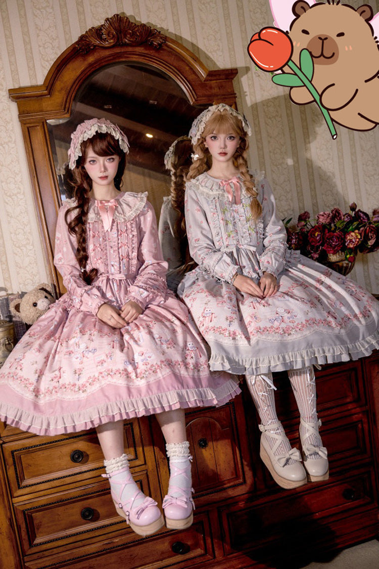 Sweet Long Sleeves FloralPrinted Ruffled Bow Plus Size Elegant Lolita Dress 2 Colors - Product - 2