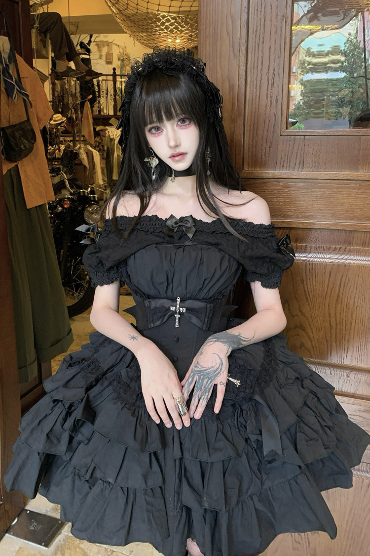 Black Sleeveless Triple-Layered Ruffle Bowknot Lace Gothic Princess Lolita Dress - Black - 1
