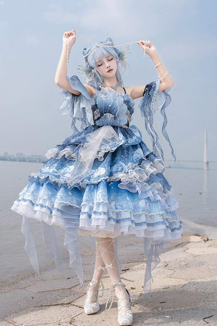 Blue [Jellyfish] Gradient Print Ruffle Embroidery Bowknot Lace Asymmetric Sweet Elegant Lolita Jsk Dress - Blue - 1