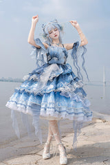 Blue [Jellyfish] Gradient Print Ruffle Embroidery Bowknot Lace Asymmetric Sweet Elegant Lolita Jsk Dress - Blue - 1