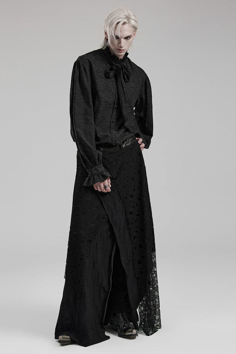 Black Stitching Irregular Mesh Ripped Men's Gothic Long Skirt - Product - 4