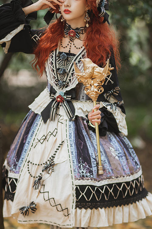 Multi-Color Finches In The Mirror Print Cardigan Long Sleeves Princess Ruffled Classic Lolita OP Dress - Multi-Color - 1