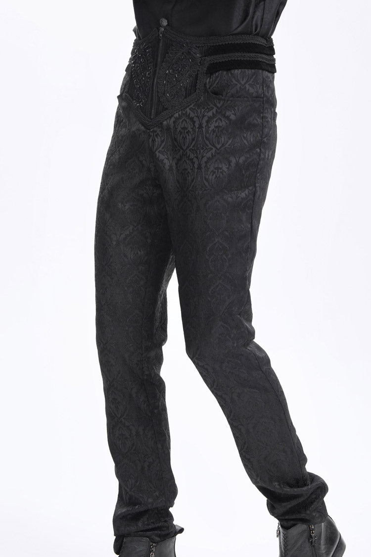 Black Floral Print Embroidery Branded Zip Men's Gothic Pants - Product - 7