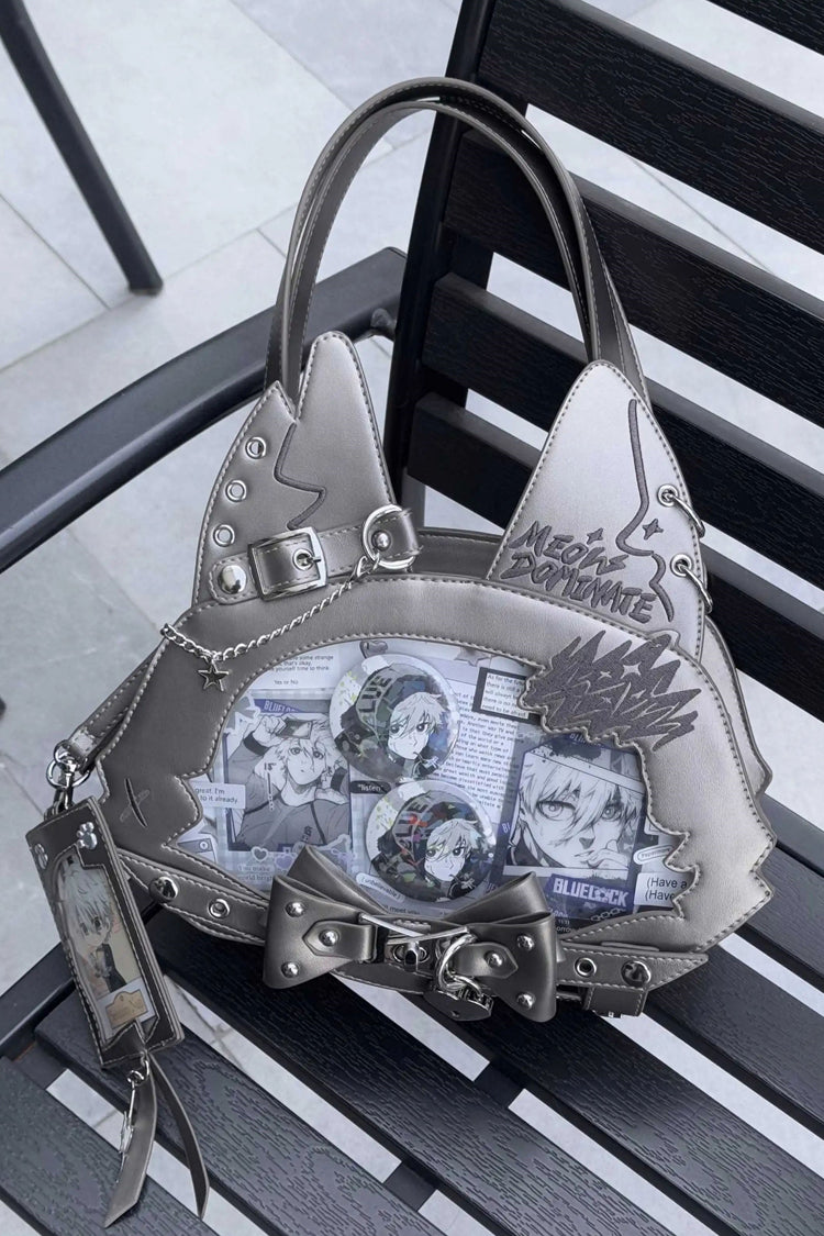 Domineering Cat [Cat Ears] Print Bowknot Gothic Lolita Crossbody Bag 9 Colors - Grey - 15