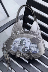 Domineering Cat [Cat Ears] Print Bowknot Gothic Lolita Crossbody Bag 9 Colors - Grey - 15