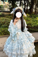 Blue [The Soloist Doll] Long Hime Sleeves Multi-Layered Print Ruffle Bowknot Asymmetric Sweet Lolita Dress - Product - 25