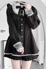 Black Doll Collar Long Sleeves Vertical Striped Printed Ruffled Bow Classic Lolita Dress - Product - 3
