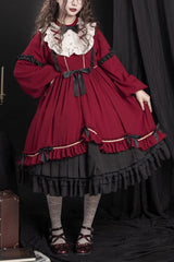 Red Long Sleeves Ruffle Bowknot Daily Sweet Princess Lolita Dress - Red - 1