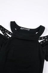 Black Off Shoulder Straps Short Sleeves Cut-Out Women's T-Shirt - Product - 14