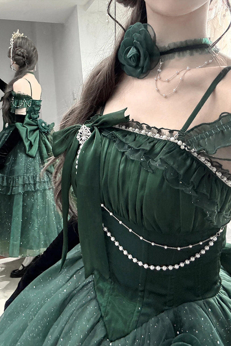 Green [Bright Stars] Off Shoulder Ruffle Bowknot Asymmetric Sweet Elegant Princess Lolita Dress - Product - 8