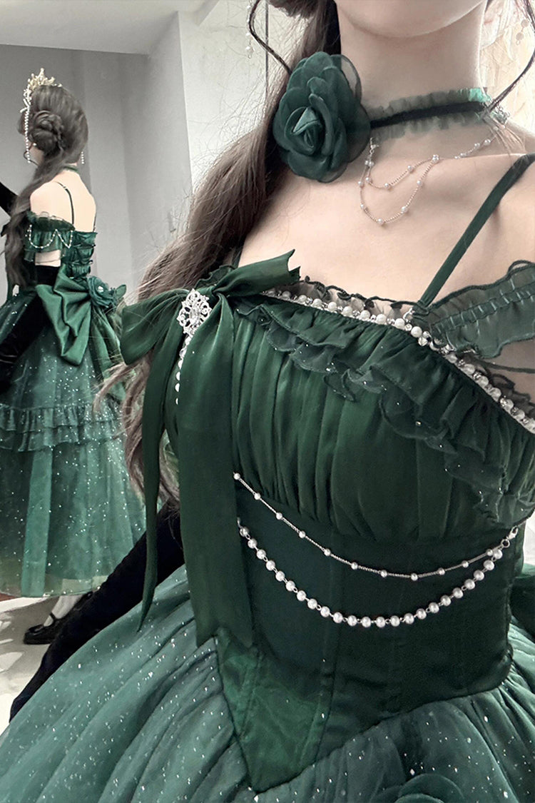 Green [Bright Stars] Off Shoulder Ruffle Bowknot Asymmetric Sweet Elegant Princess Lolita Dress - Product - 8