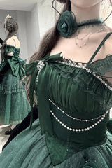 Green [Bright Stars] Off Shoulder Ruffle Bowknot Asymmetric Sweet Elegant Princess Lolita Dress - Product - 8