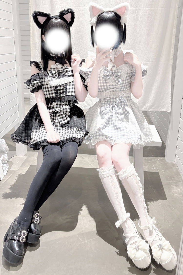 [Night Rabbit Dream] Short Sleeves Plaid Printed Ruffled Open-Front Bow Lace-Up Sweet Jirai Kei Japanese Skirt Set - Product - 3